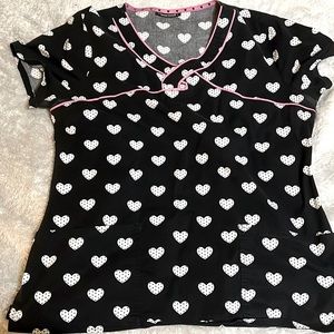 Scrub Top, size: Medium with cute hearts, thin pink lining, flattering fit